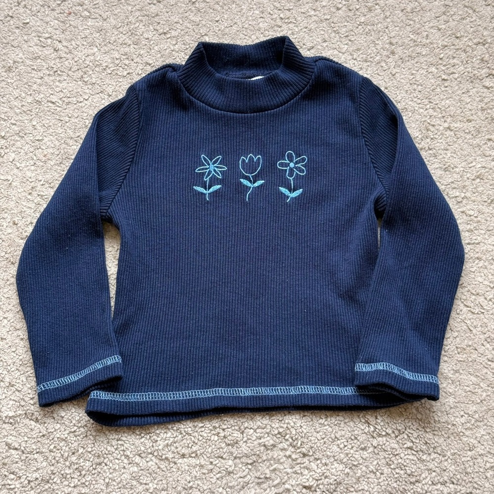 Sweet Blossoms Navy Blue Ribbed Floral Embroidered Mock Neck Top Size 3